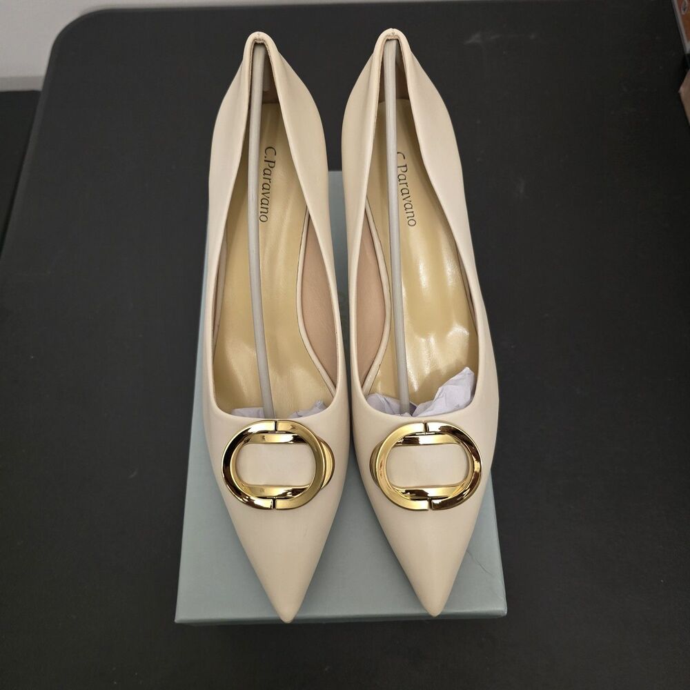 C.Paravano Women’s Stacked Metal Buckle Pumps EU 42 US 11.5 Pointed Toe